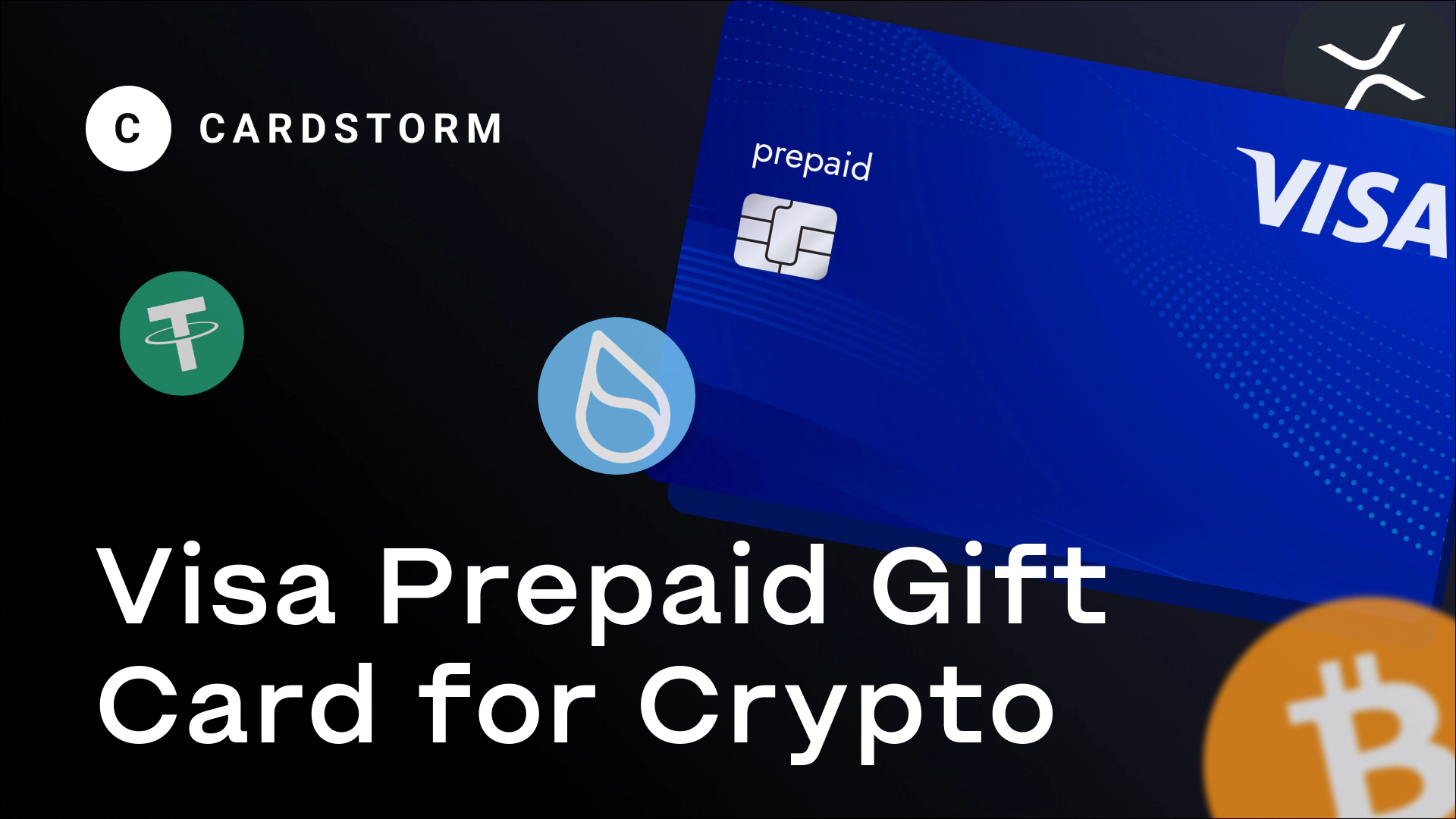 Cardstorm showing a Visa prepaid gift card available for purchase with cryptocurrency, including Bitcoin, Tether, and other digital assets